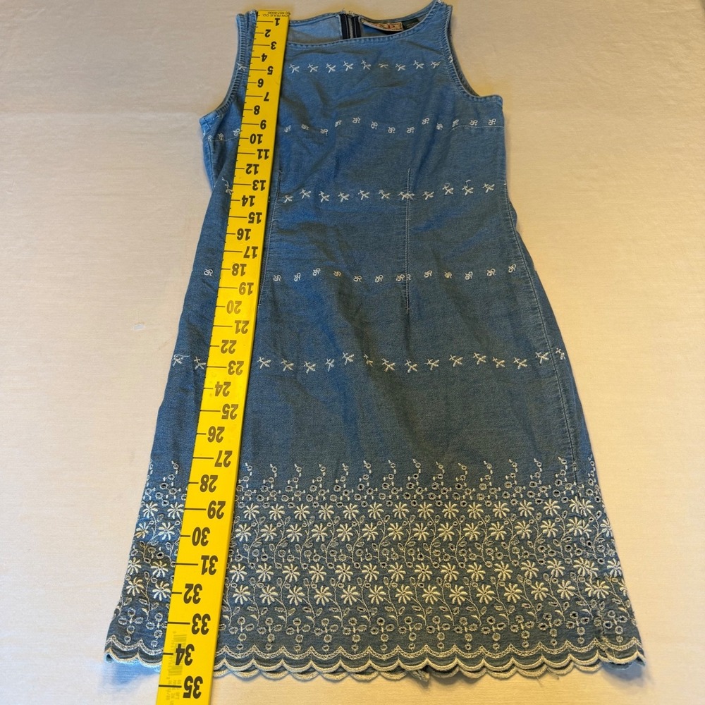 Vintage Express Denim Embroidered Dress Womens 9/10 Blue Sleeveless Y2K Cottage - Picture 9 of 13